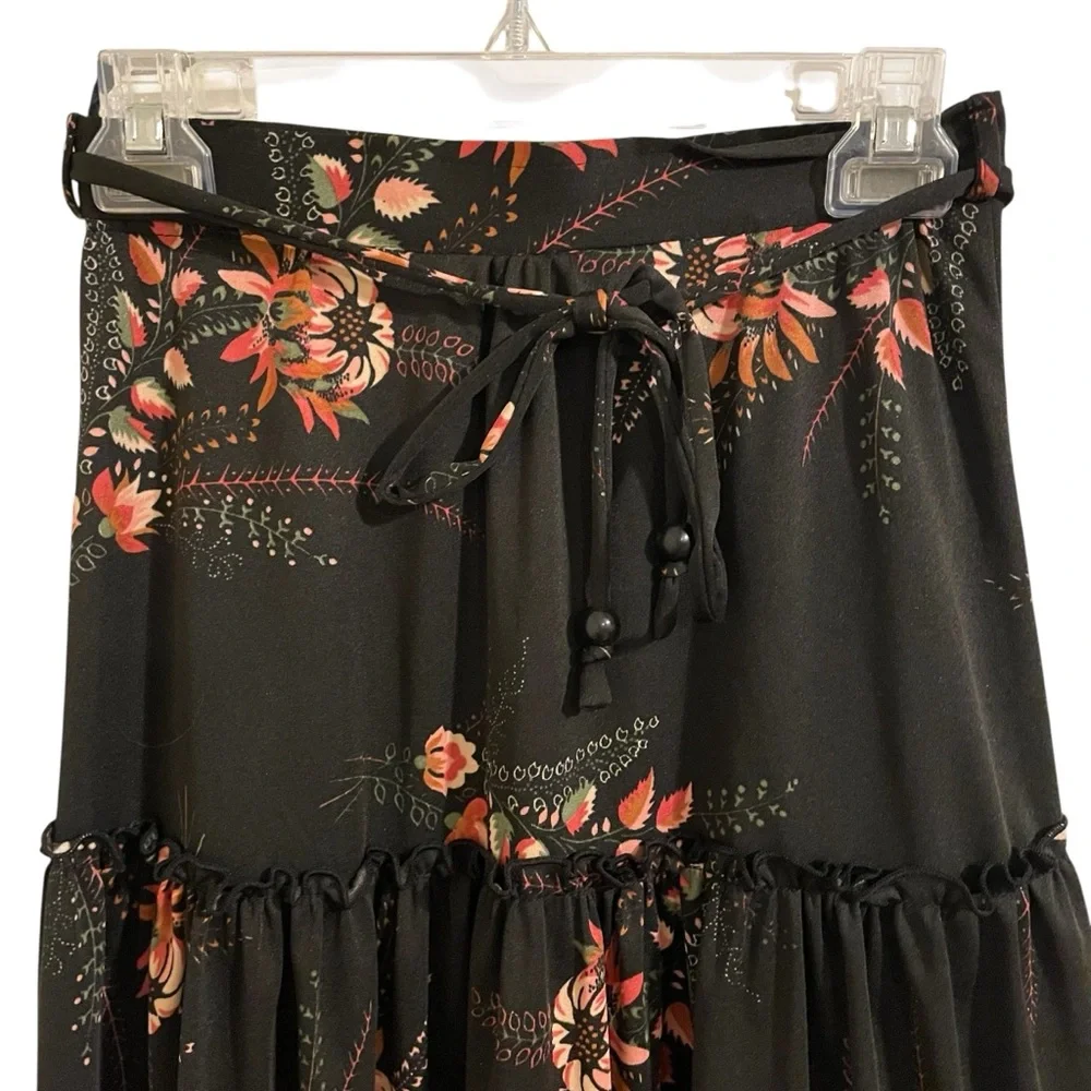VINTAGE 70s Floral Black Ruffle Tier Maxi Skirt Prairie Hippie Boho Whimsigoth